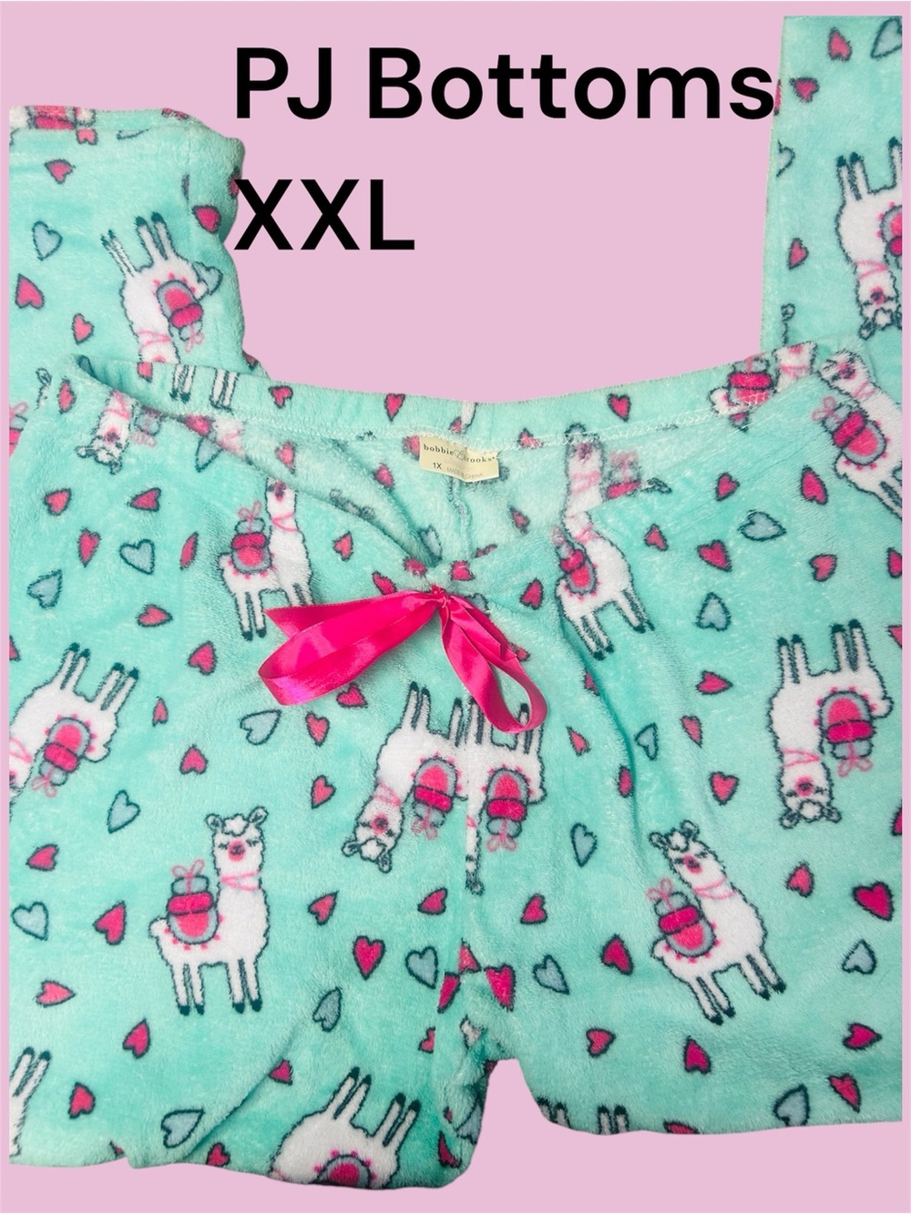 Bobbie Brooks Mint Llama Print Pajama Bottoms with Pink Bow. 1x